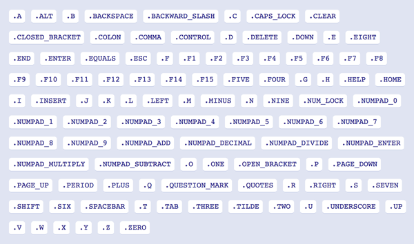 Eine vollständige Liste der innerhalb des Spiels verfügbaren Phaser-Tastencodes.