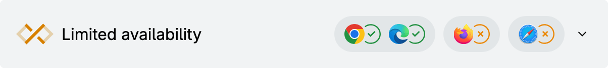 Graues Widget mit Kreuz: Begrenzte Verfügbarkeit. Vier Browser-Logos, zwei mit Häkchen, zwei mit Kreuzen.
