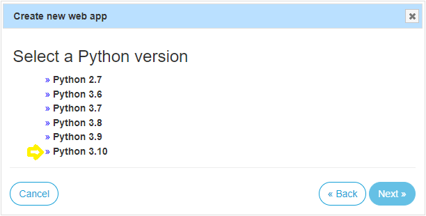 Aviso de PythonAnywhere para seleccionar la versión de Python de la aplicación web