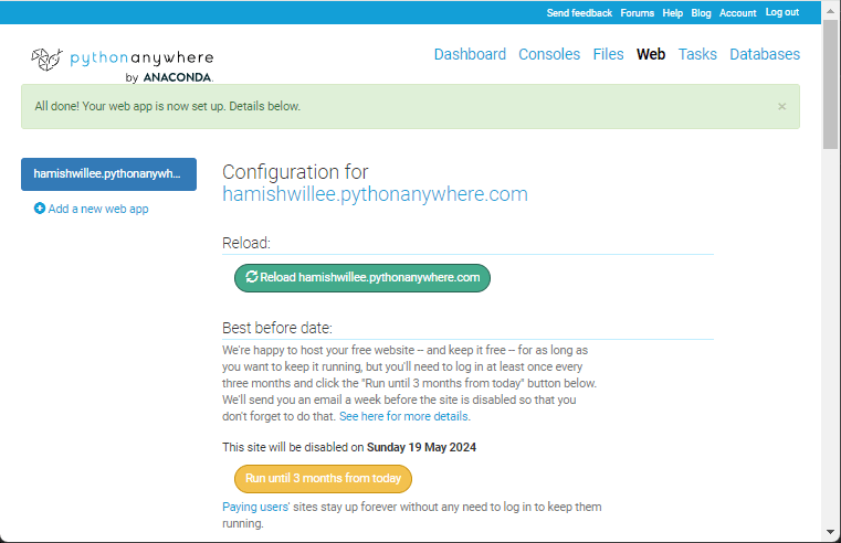Aplicación web de PythonAnywhere configurada