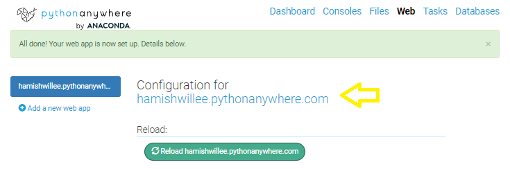 Pantalla Web de PythonAnywhere con el enlace para lanzar el sitio resaltado
