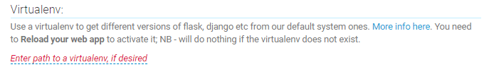 Sección Virtual env de la pestaña Web de PythonAnywhere