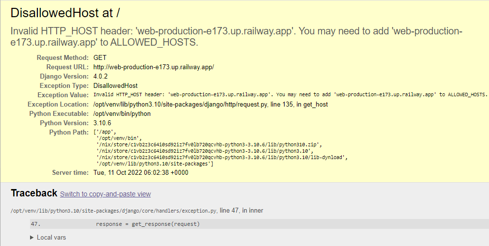 Una página de error detallada con un traceback completo de una cabecera HTTP_HOST no válida