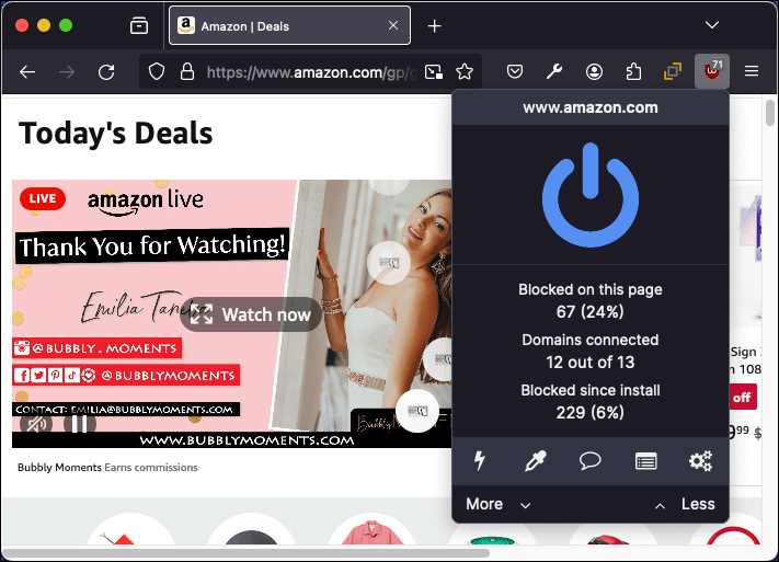uBlock origin pop-up shows blocked tracker statistics.